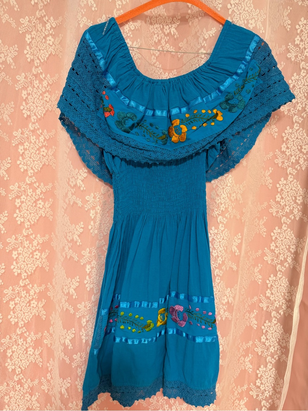 Embroidered Mexican dress Teal Off-Shoulder Women’s Dress